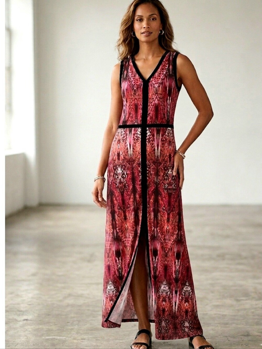Chico's Sleeveless Maxi Graphic Empire Dress Pink & Brown Batik Print Small NWT